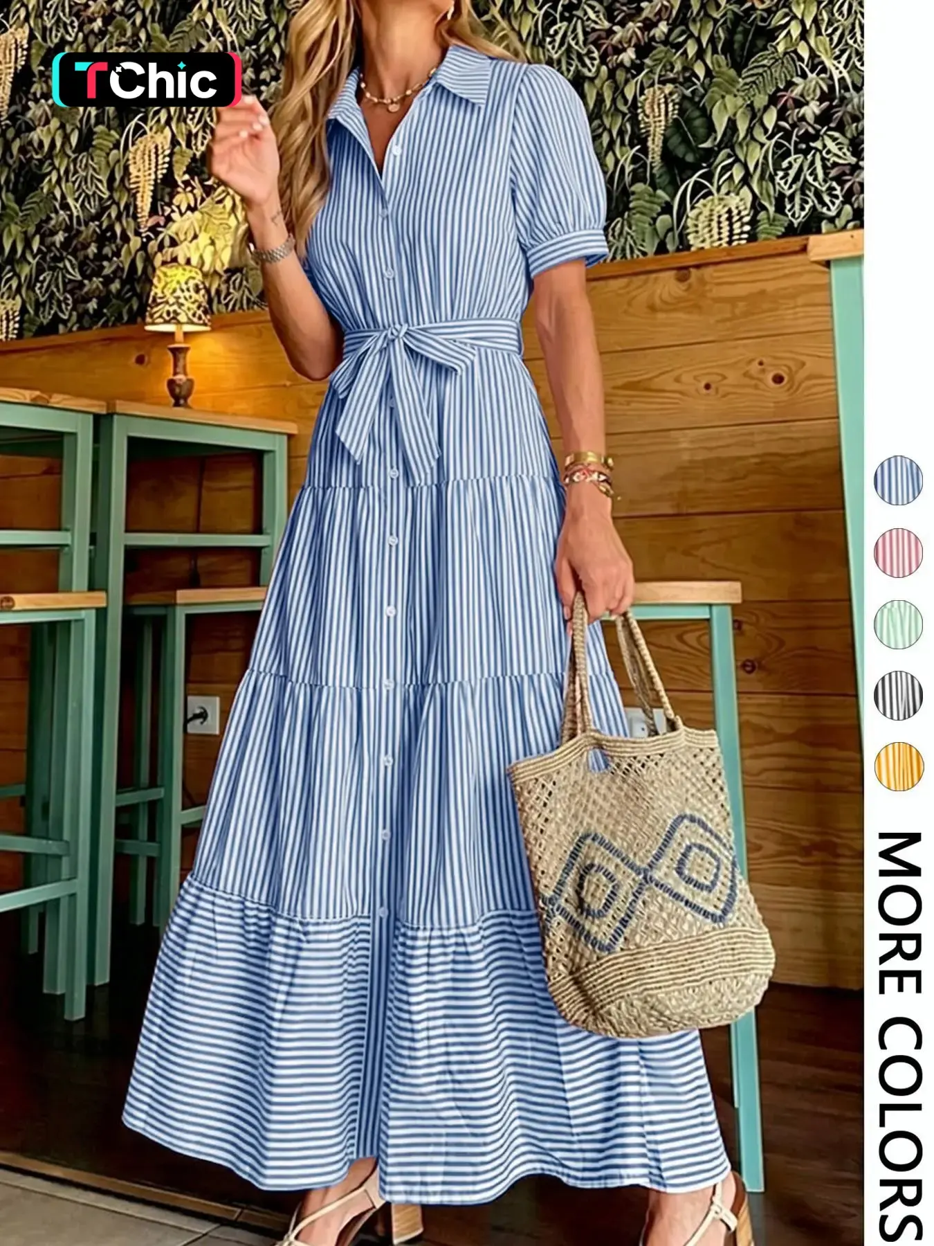 Women's Striped Print Adjustable Belted Button Dress, Elegant Chic Casual Fashion Long Dress for Summer, Breathable Lightweight Dress, Women's Clothing for Daily Wear, Fit, Womenswear, Maxi