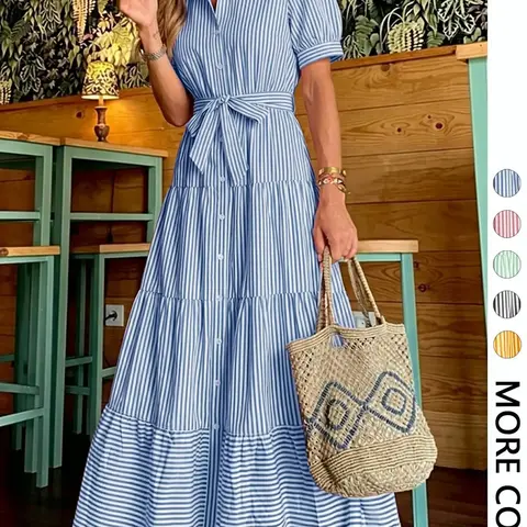 Women's Striped Print Adjustable Belted Button Dress, Elegant Chic Casual Fashion Long Dress for Summer, Breathable Lightweight Dress, Women's Clothing for Daily Wear, Fit, Womenswear, Maxi