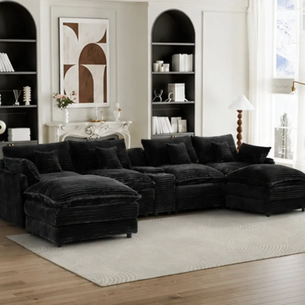 ARCH 141-Inch 7-Piece Sofa Set with Center Console Coffee Table and 6 Pillows, Large Sectional Couch Set for Spacious Living Room, Meeting Room, Family Room, Office Waiting Area, Multiple Seating Configuration, Living Room Furniture for Apartment