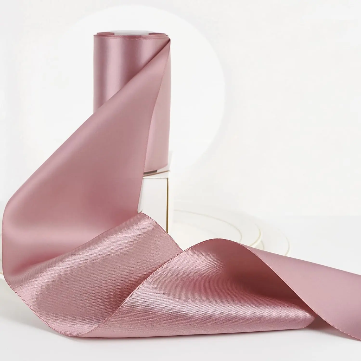 HUIHUANG Polyester Double-Face Satin Ribbon - Rosy Mauve, 4 in Wide, 10 Yds Continuous Length, Glossy Finish, Luxury Look for Wedding Chair Sash, Gift Wrapping