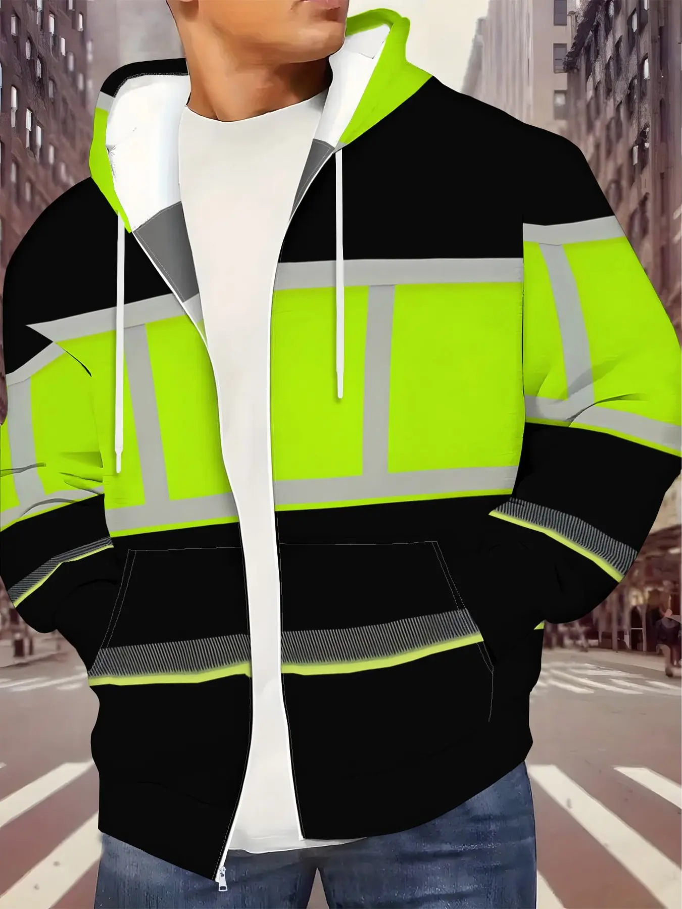 Men's High Visibility Safety Vest Print Zip-Up Hoodie, Workwear Pattern Sweatshirt, Casual Streetwear Jacket with Pockets