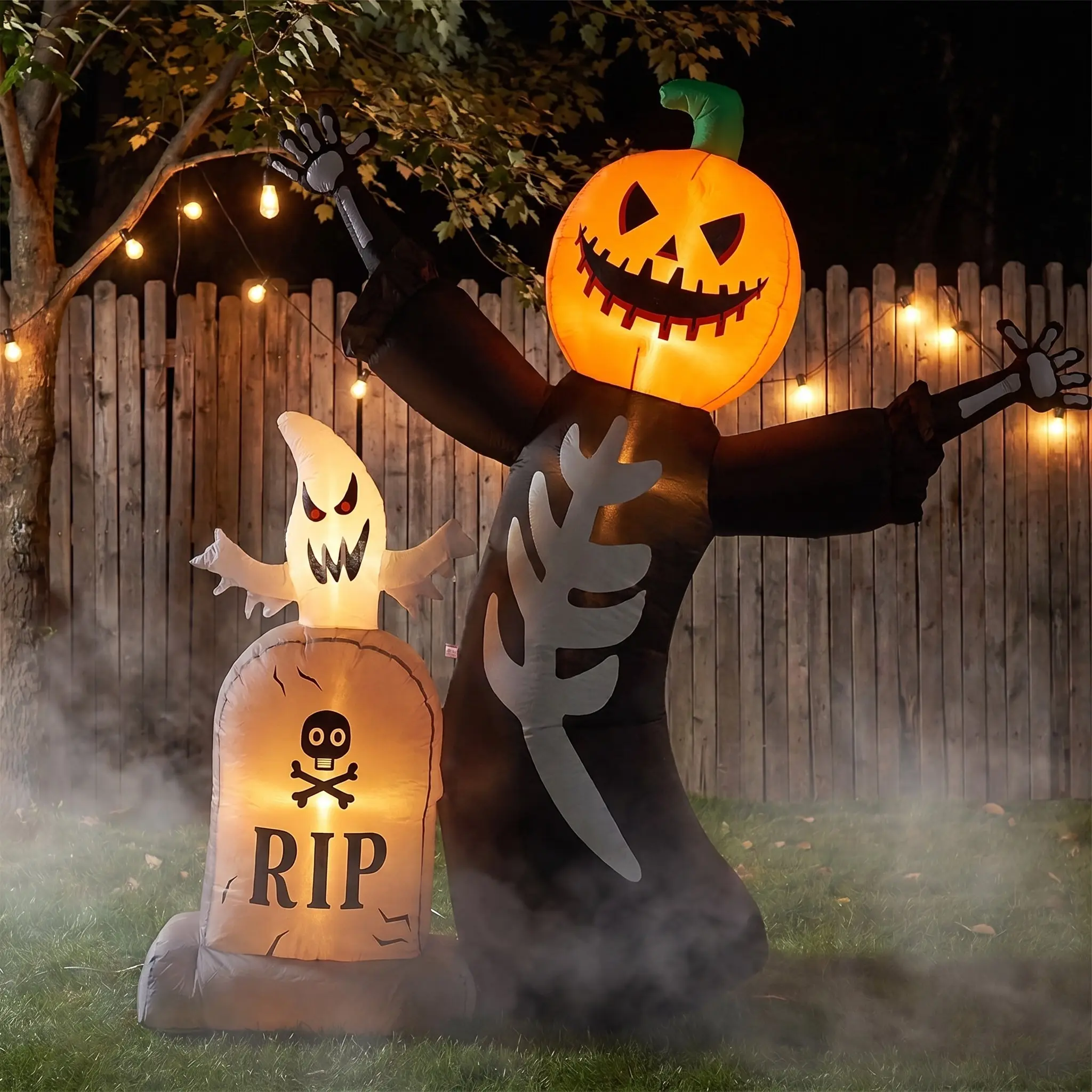 Giant Ghost & Pumpkin Inflatable, Glowing LED Spooky Yard Decor, Halloween Decoration, Outdoor Party Accessory, Light-Up Ghost Pumpkin Blow Up Decor - Colorful LED Spooky Lawn Prop