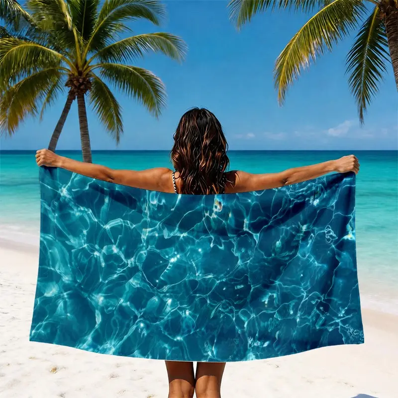 Blue Pool Wave Beach Towel, Realistic Cool Water Pattern, Absorbent Sandproof, Ideal for Beach, Pool, Travel, Summer Vacation