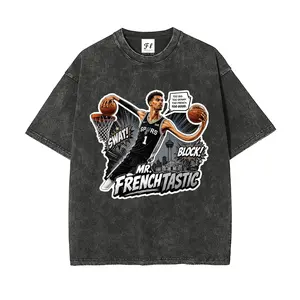 Unisex Plus Size Summer Washed Graphic Tee, Basketball Player Comic Style Action Print With "Mr. Frenchtastic" Text, 100% Cotton Round Neck Casual Oversized T-Shirt, Men Women Y2K Streetwear Top
