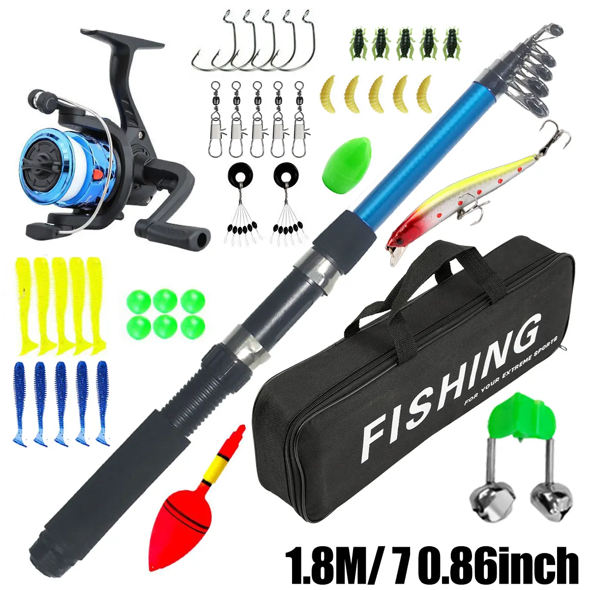 45-piece beginner's lure fishing rod set, sea fishing rod set, fishing bundle tackle lure，durable and portable, suitable for long-distance casting and stable fishing of large fish, includes rod and reel, fishing line, bait set and fishing gear bag