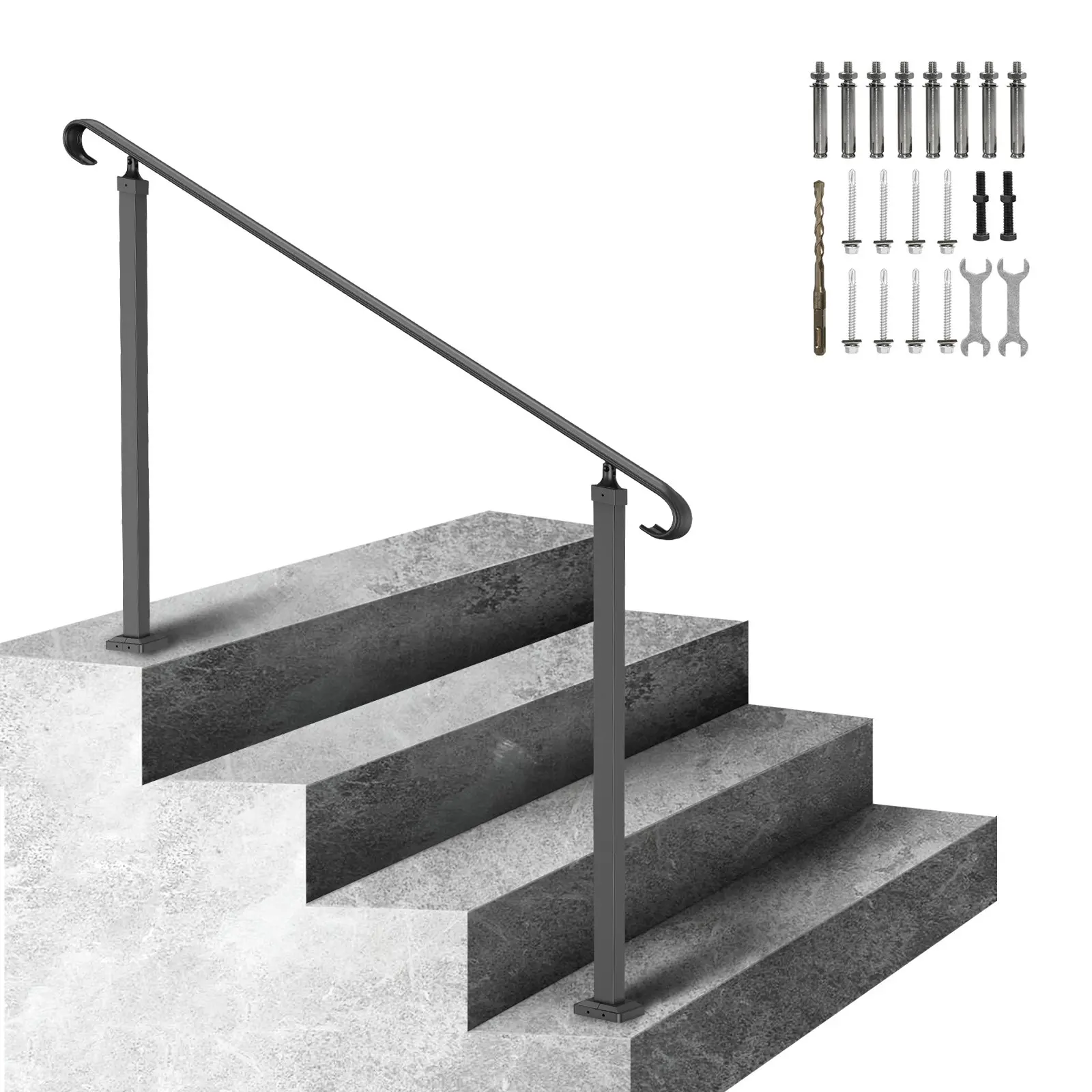 【Summerfinds】VEVOR Handrails for Outdoor Steps, Fit 3-5 Steps Outdoor Stair Railing, Wrought Iron Handrail, Flexible Front Porch Hand Rail, Black Transitional Hand railings for Concrete Steps or Wooden Stairs