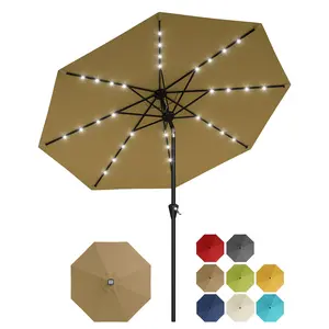 9FT Solar Umbrella – 32 LED Lights – UV Protection, Waterproof – Crank, Tilt – Red/Yellow – For Patio, Garden, Pool, Deck – 8 Ribs – Outdoor Market