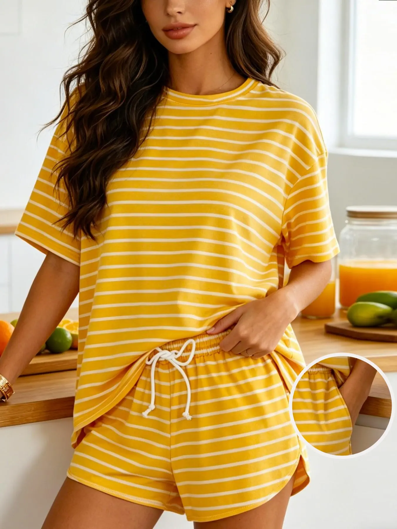 Women's 2-piece summer pajama set, Loungewear: multi-colored loose striped knit pajamas, a casual round neck short-sleeved top, and drawstring shorts, casual, suitable for various outdoor activities such as home, beach, and vacatio