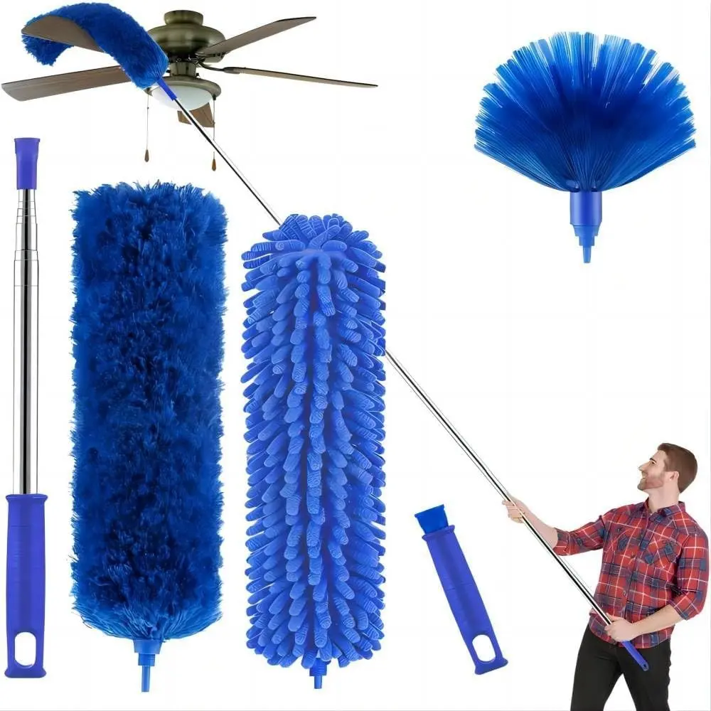 Buysenton Cobweb Duster with 15-100 Inch Aluminum Telescoping Extension Pole, Washable Cleaning Duster Kit with 3 Heads (Cobweb Duster, Corner Brush) for Ceiling Fan, Blue