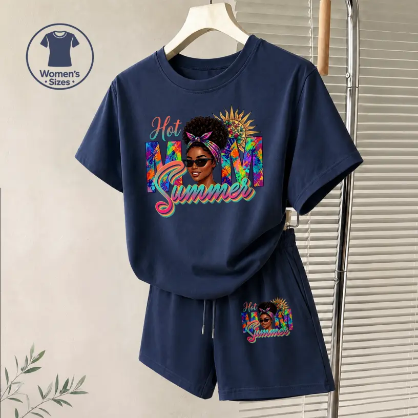 Women’s “Hot Mom Summer” Graphic Print Short Sleeve T-Shirt and Drawstring Shorts Set, Casual Summer 2-Piece Outfit, Comfortable Crew Neck Top and Drawstring Waist Shorts for Vacation, Travel, Beach Wear, Daily Wear and Summer Lounge Wear
