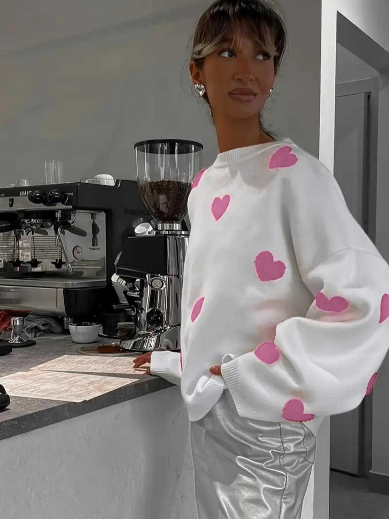 Women's Loose Fit Heart Pattern Drop Shoulder Sweater, Casual Long Sleeve Round Neck Knit Top for Spring & Fall, Fashion Ladies' Knitwear for Daily Wear, Womenswear