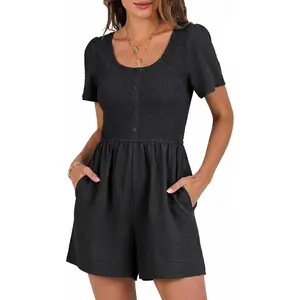 Womens Summer Short Sleeve Romper Casual Loose Decorative Button Smocked Dressy Shorts Jumper Jumpsuit 2026(Gift)