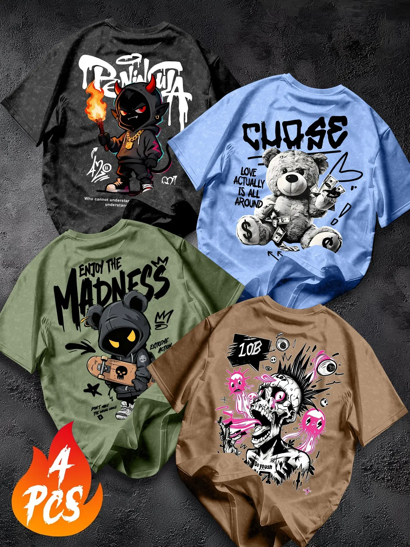 American Graffiti Demon Bear Skull Print Loose-Fit Oversized Short Sleeve T-Shirt, 4-Pack, Washed Vintage Casual Hip-Hop Streetwear for Men