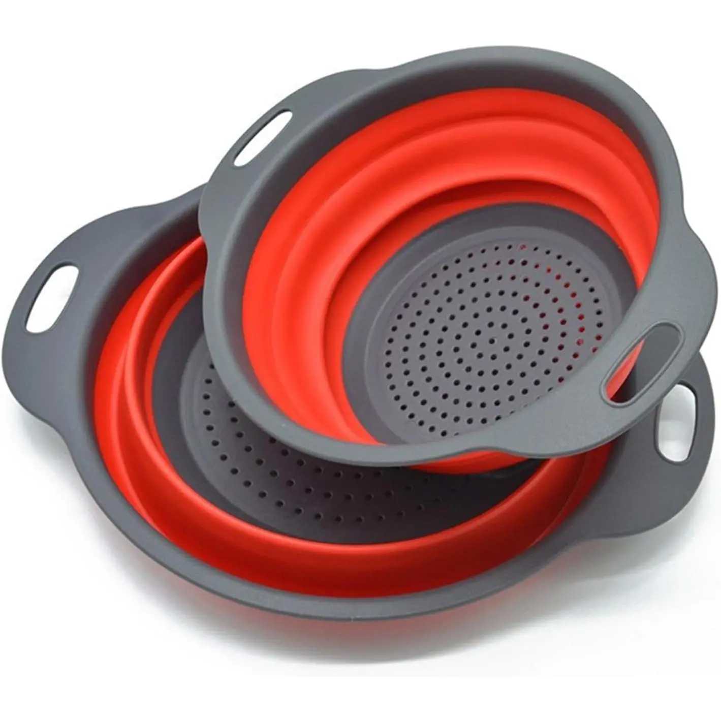 Set of 2 Collapsible Colanders, Food-Grade Silicone Folding Strainer with Handle, Space-Saving Kitchen Collander, Red