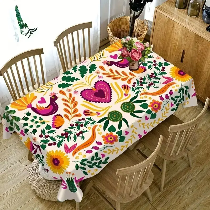 2D Flat Party Tablecloth 1pc, Mexican Floral Design, Elegant Rectangular Dining Tablecloth, 100% Polyester, Ideal for Weddings, Parties, Home Decor