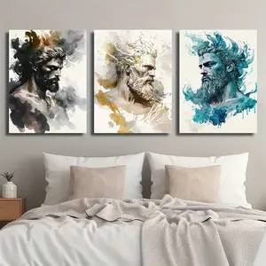 3-piece Greek Mythology Canvas Wall Art Set - Portraits of the mythological figures Zeus, Hades, Poseidon, Odin, and Thor - High-definition printed wrapped canvas painting with wooden frame - Modern Greek and Nordic mythology decoration, suitable for livi