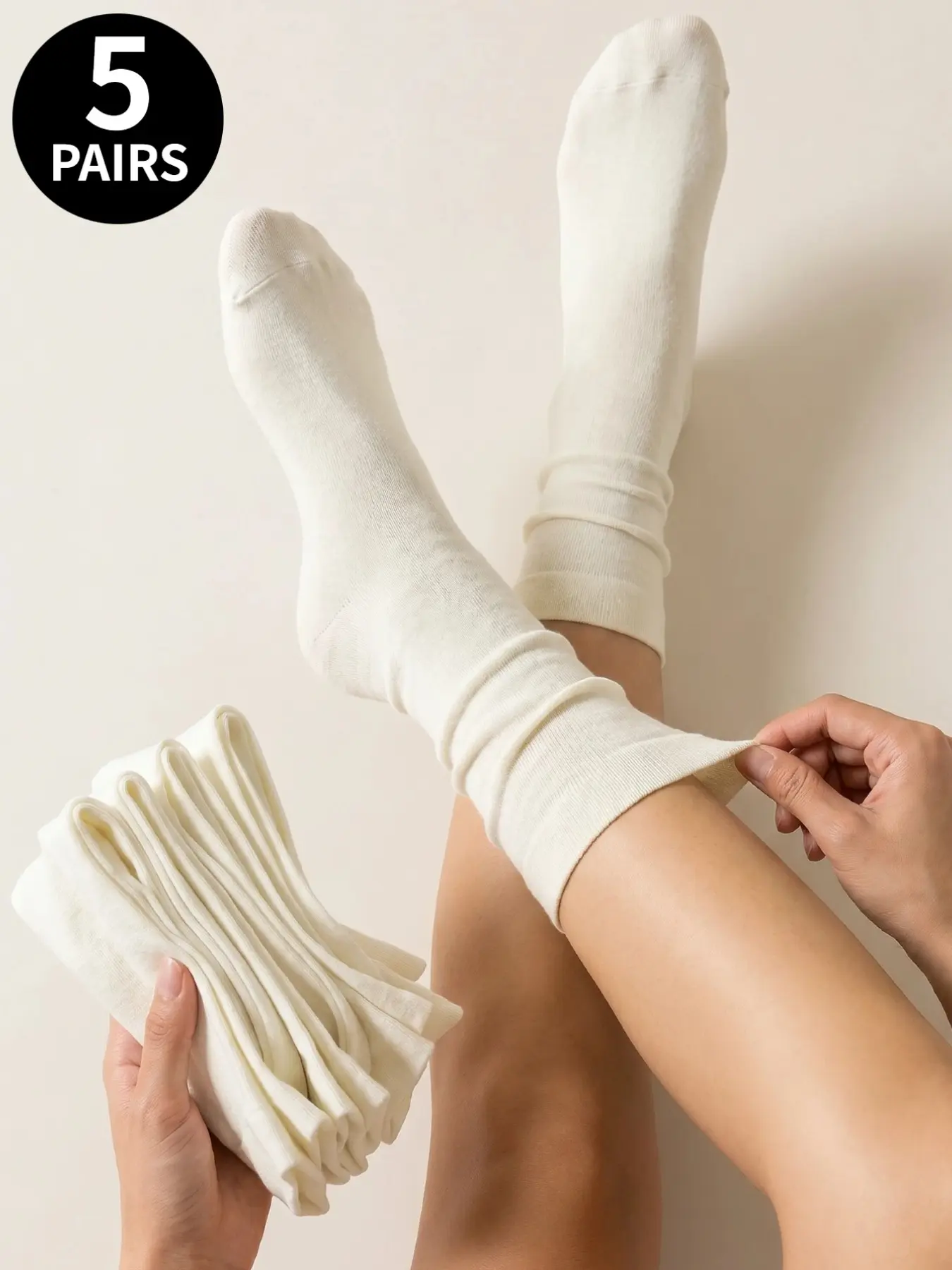 5-Pair Pack of Off-White Basic Mid-Calf Socks for Women: Postpartum Socks, Casual Socks, Wide-Top Comfortable and Simple Maternity Socks, Moisture-Wicking and Sweat-Wicking Ankle Socks, Everyday Simple and Versatile Socks
