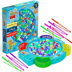 Fishing Game for Kids with LED, 45 Fish and 8 Poles - Magnetic Fish Toy with Rotating Board & Music - Motor Skill Activity for Boys & Girls 3+ - Party Favors Stocking Stuffers for Kids