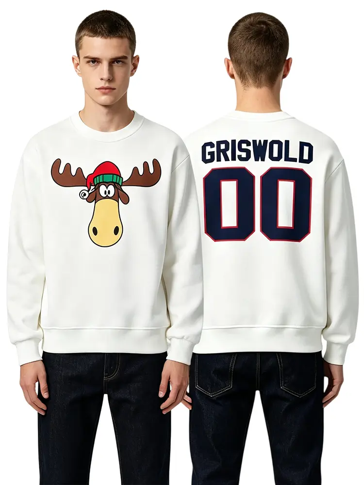 Griswold Moose Clark #00 Christmas Men's Long Sleeve Crewneck Hockey Jersey, Christmas Vacation Graphic Printed Sports Sweatshirt, 60% Cotton 40% Polyester, Black White Navy Blue, S-5XL, Soft Breathable Pullover, Ugly Christmas Sweater, Holiday Gift Mensw