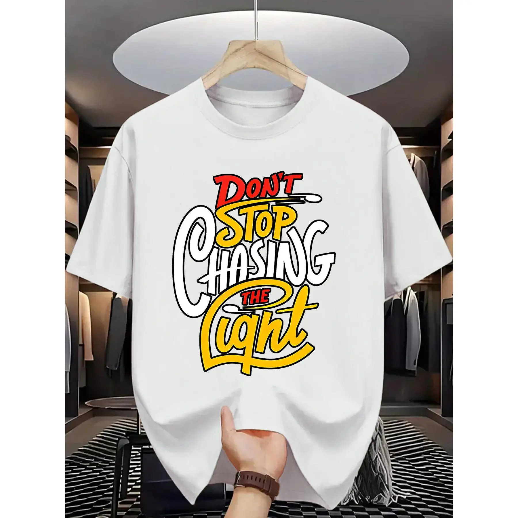 Men's Crew Neck T-Shirt - Minimalist Letters Print Short-Sleeve Normal Type No-Excess Menswear Top, Machine Washable for Casual Summer & Party Wear, All-Season Use