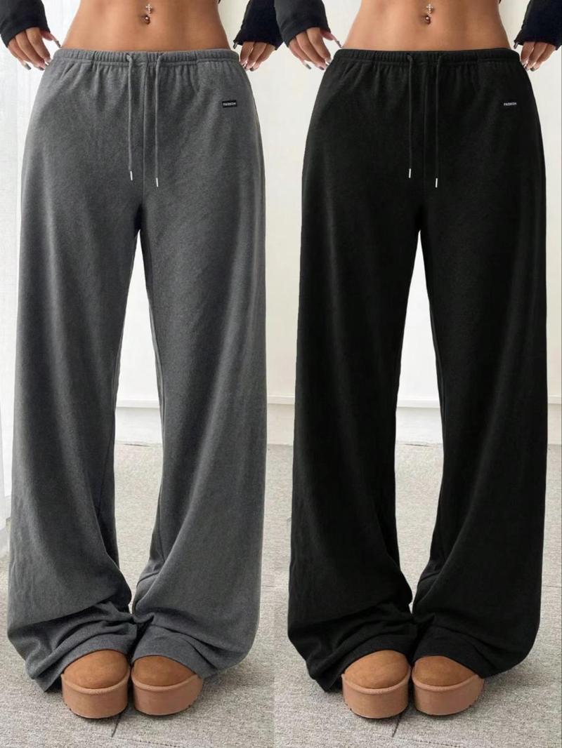 Women's Solid Drawstring-Waist Fleece Sweatpants, Casual Comfy Pants for Daily Wear, Ladies' Streetwear Pants for Fall and Winter, Casual Streetwear Trousers