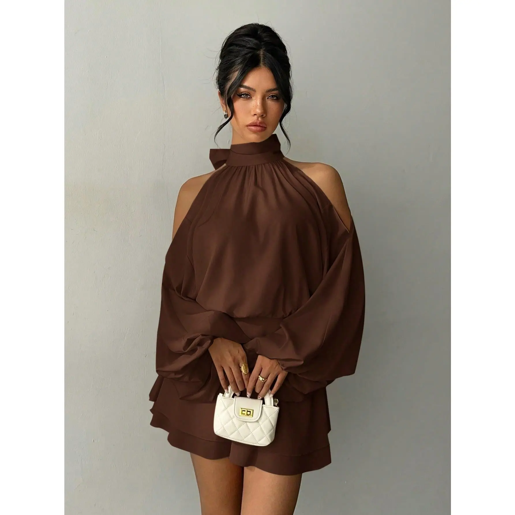 Women's Vintage Chic A-Line Mini Dress - Long Lantern Sleeves, Solid Breathable Fabric, Elegant for Party, Evening, Autumn/Winter Daily Wear, Weekend Brunches