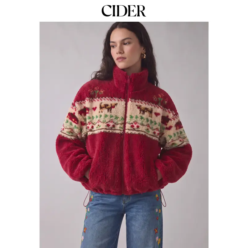 Cider Fleece Deer&Heart&Floral Graphic Stand Collar Zip Through Oversized Jacket