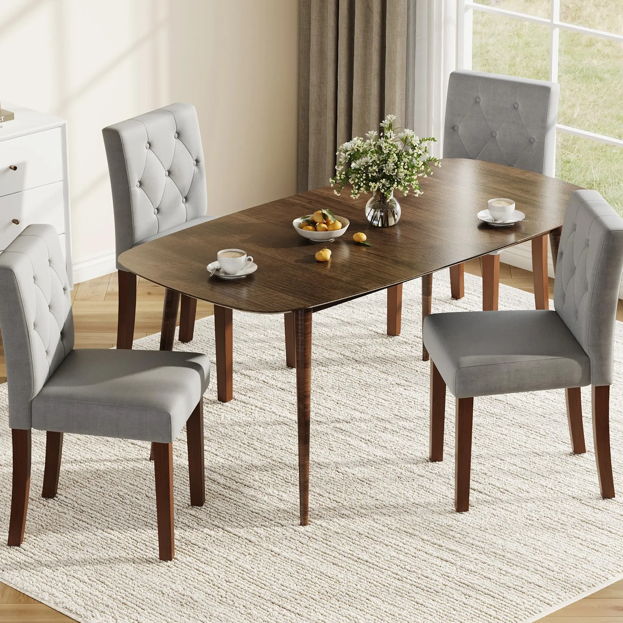 Upholstered Dining Chairs Set of 4 – Fabric Kitchen Chairs with High Back, Thickened Cushion & Wooden Legs for Dining Room, Living Room & Restaurant