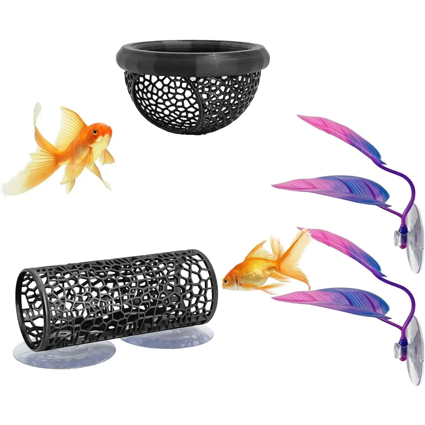 4 Pcs Betta Fish Hammock & Toy Set, Suction Cup Tunnel, Floating Betta Fish Skins, 2 Foliage Pads，Aquarium Hide and Feed Decor for Resting, Hiding & Play Areas.