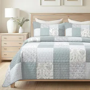Memory  3-  Quilt Set -  Size with 2 Shams, Sage Green Patchwork Quilted Comforter, Lightweight Country Pieced Bedspread, Neutral Modern  Bedding
