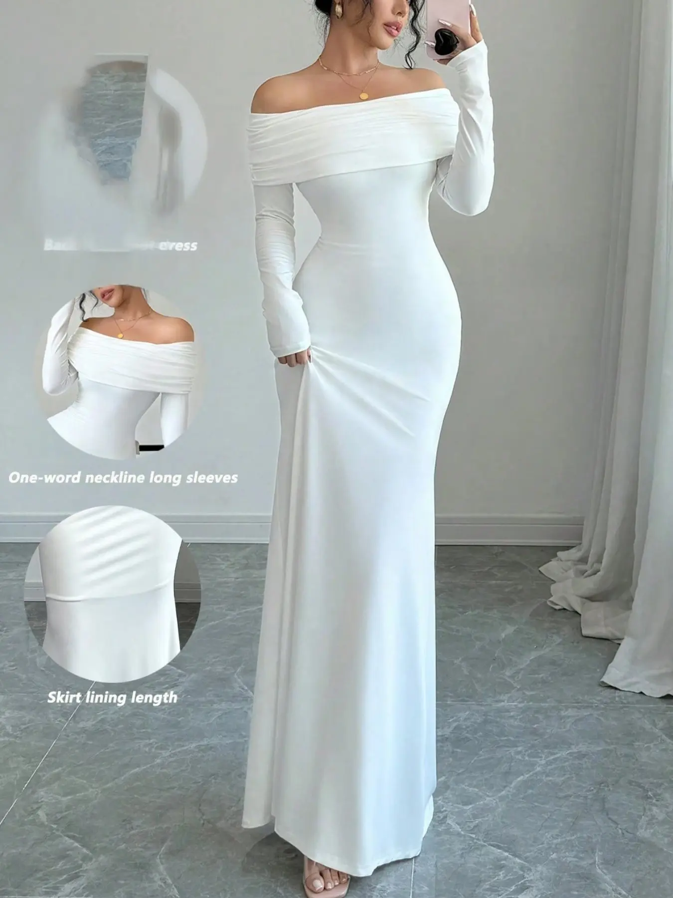 Elegant Sexy Chic Formal Bodycon Long Sleeve Dress, Waist Cinched Double Layer Off-Shoulder Backless Knot Fish Tail Hem, Summer Fall Women's Dress
