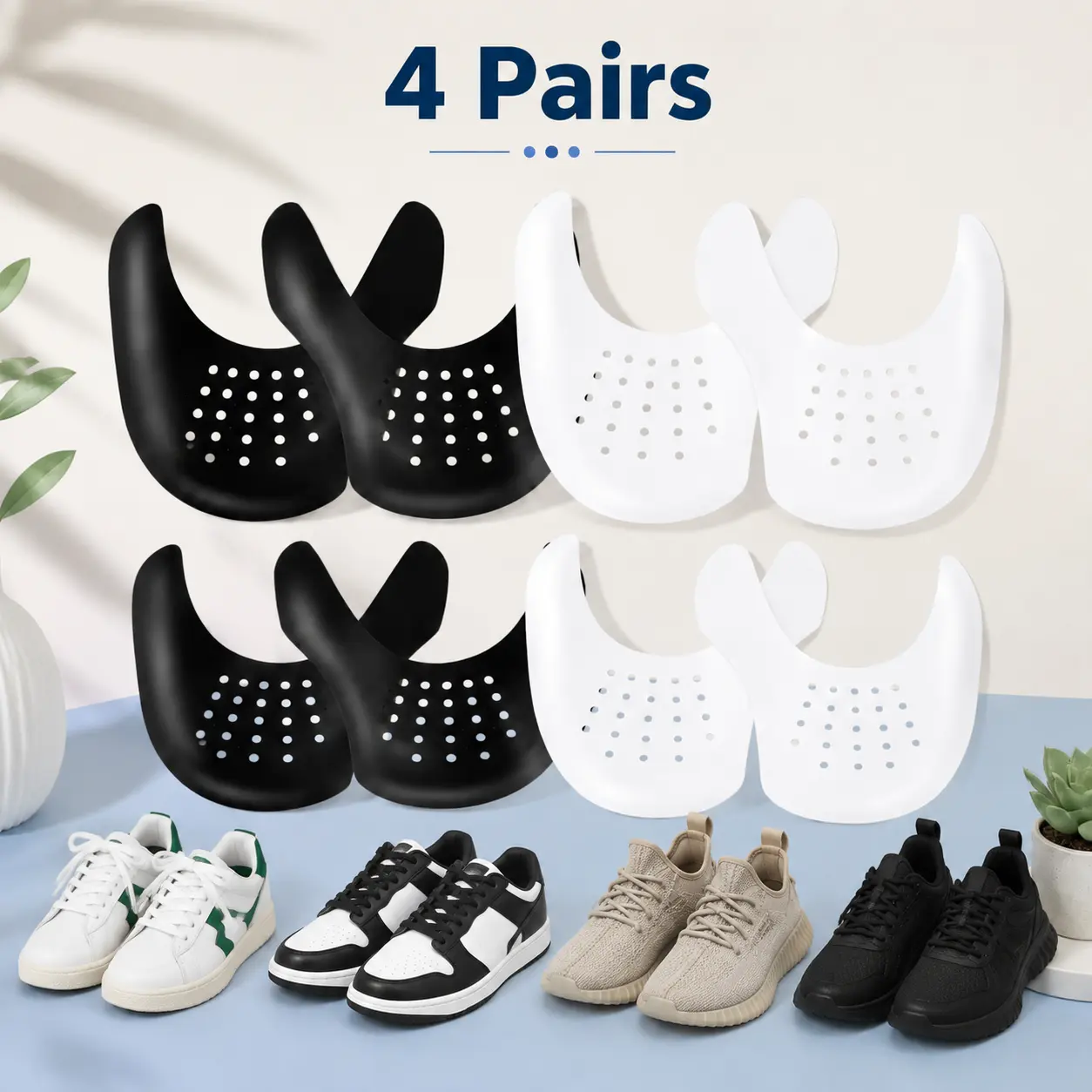 4 Pairs Sneaker Crease Protectors, Anti-Wrinkle Toe Box Inserts and Shoe Shields, Deform-Resistant Lightweight Crease Guards for Men US 7-12 and Women US 5-9, Basketball, Walking, Travel and Daily Wear