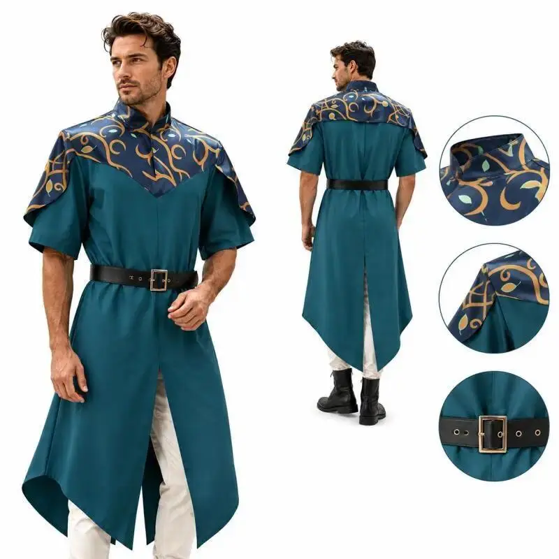 Medieval Tunic Costume For Men Teal Blue Printed Top With Black Belt Renaissance Cosplay Outfit For Halloween And Themed Parties