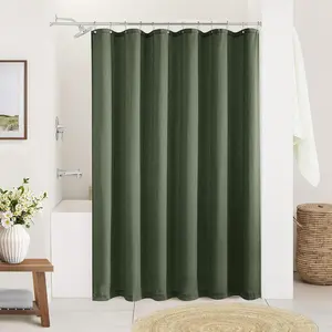 Olive Green Linen Boho Farmhouse Shower Curtains, Dark Green Aesthetic Bathroom Decor, Sheer Water-Repellent Cloth with Hooks, 72x72 In