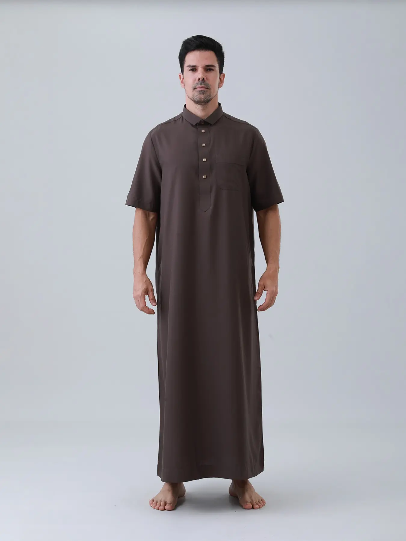 Coffee Color Short Sleeve Arab Robe for Men, Breathable Loose Fit Muslim Prayer Dress, Ideal for Daily Wear, Ramadan, Hajj