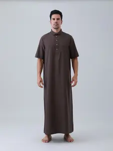 Coffee Color Short Sleeve Arab Robe for Men, Breathable Loose Fit Muslim Prayer Dress, Ideal for Daily Wear, Ramadan, Hajj