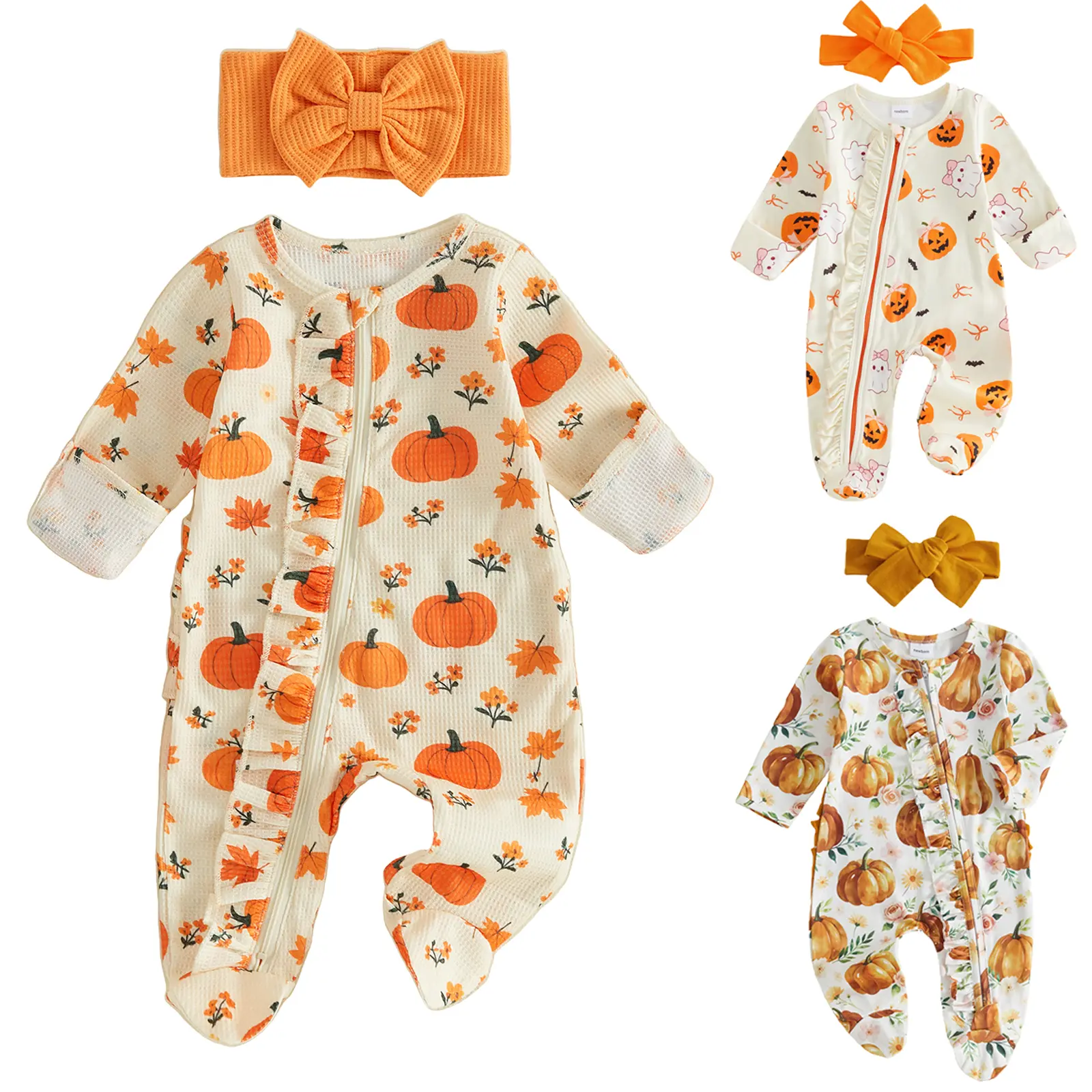 Babamoon Newborn Infant Baby Girl Thanksgiving Romper Waffle Pumpkin Print Footies Jumpsuit with Headband, Footed Jumpsuit, One-Piece