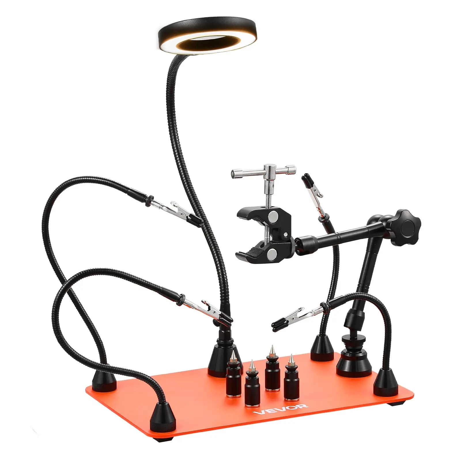 VEVOR Magnetic Helping Hands Soldering Station, Third Hand Soldering Tool with 3X LED Magnifying Lamp, 4 PCB Holders 360 Hot Air Gun Holder, Heavy-Duty Base Station for Electronic Repair Craft Hobby