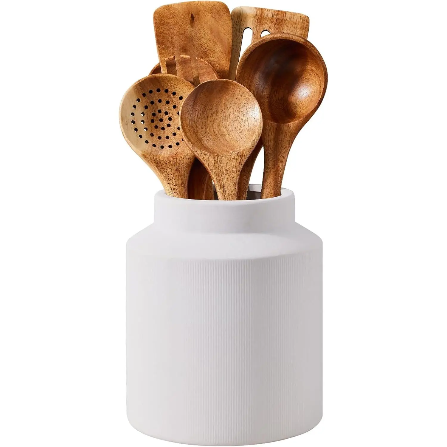 Ceramic Kitchen Utensil Holder, 7 Inch Rustic Cooking Utensil Holder for Kitchen Counter, Large Utensil Holder with Textured Surface, Crock Fit for Kitchen Counter (White)