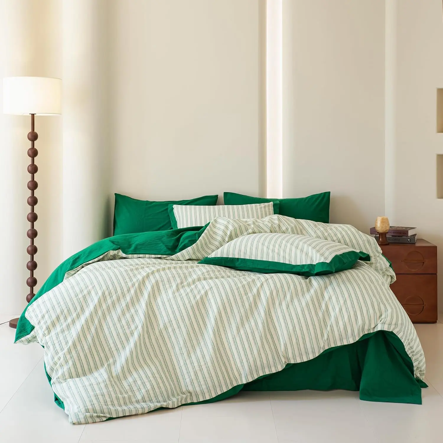Green Striped Duvet Cover   Washed  3 count Set 1 Vertical Pinstripe Duvet Cover with Zipper Ties 2 Pillow Shams Soft Ticking Stripe Bedding Set