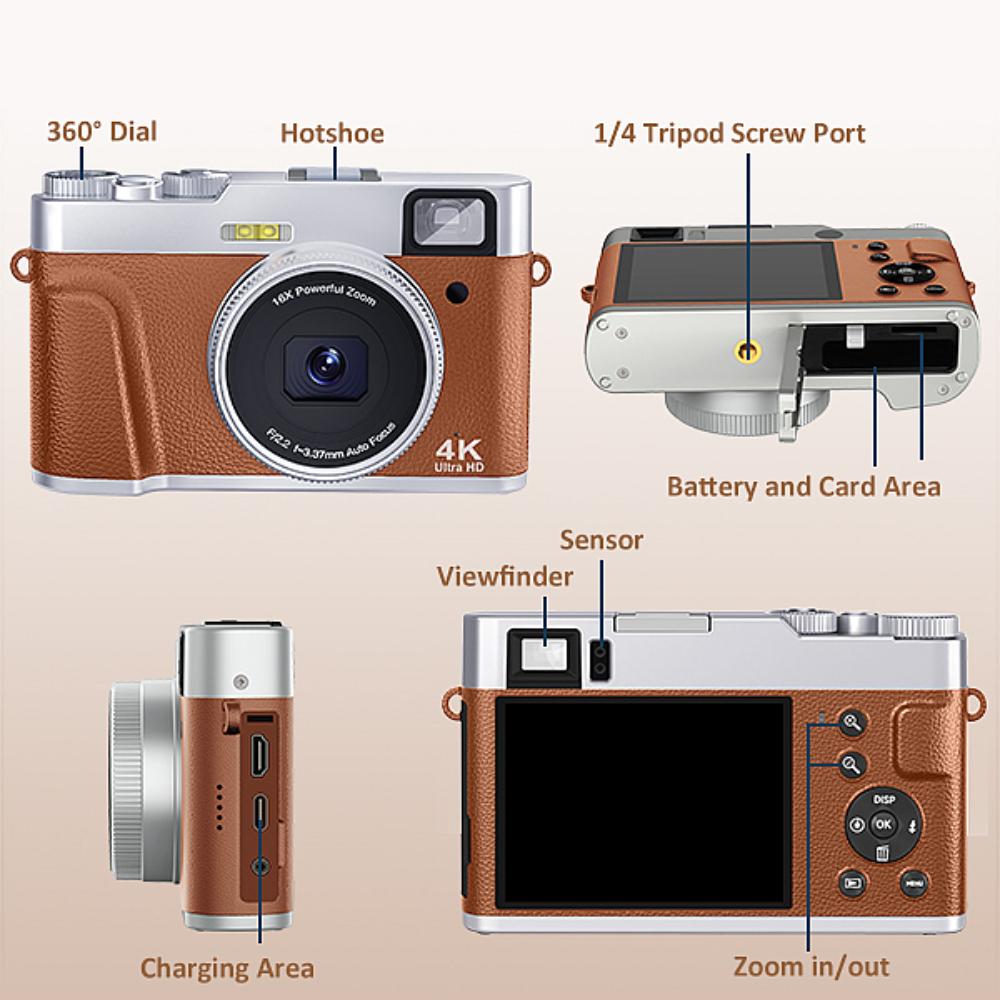 Digital Camera Auto Focus 48MP Vlogging Camera Anti-Shake Video Camera with Viewfinder Flash & Dial
