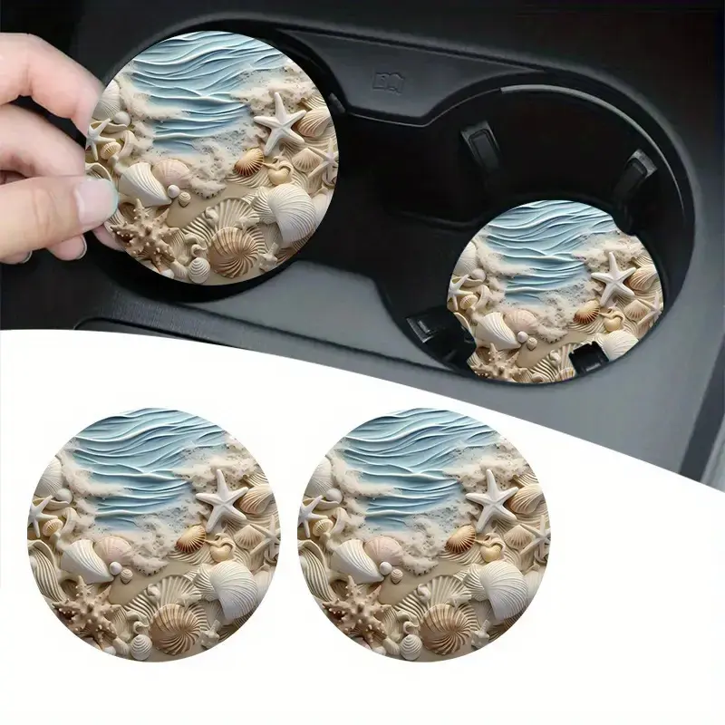 2-Pack Absorbent Ceramic Car Coasters, 3D Textured Starfish & Seashell Design, Ocean Beach Style Car Interior Decor, Summer Gift for Camping & Hiking Enthusiasts, Starfish Shell, Absorbent Mat, Other, No