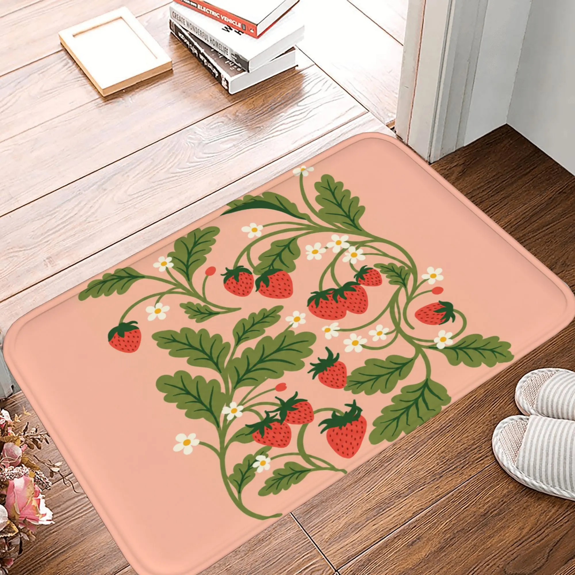 Vintage Strawberry Pattern Flannel Doormat - Non-Slip Indoor Entrance Rug, Soft Absorbent Floor Mat for Kitchen, Bedroom & Bathroom, Easy Clean Low-Profile Carpet, Pink Botanical Fruit Decor,Christmas,Santa