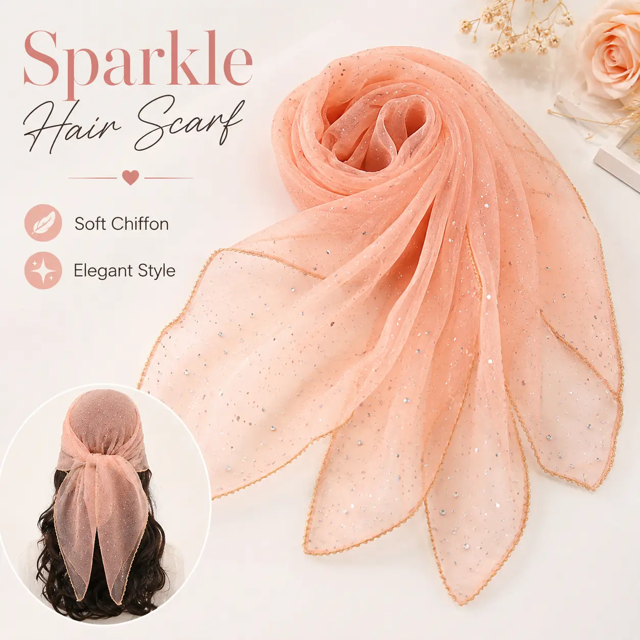 Chiffon Headscarf with Sparkle Rhinestones for Women, Lightweight 40 g Square Scarf for Daily Wear, Peach Pink & 11 Other Colors, Feminine, 80*80Cm, Contact Customer Service, Elegant Style, 80X80cm, Casual, Feminine Statement, Perfect Gift, Girls, Solid,
