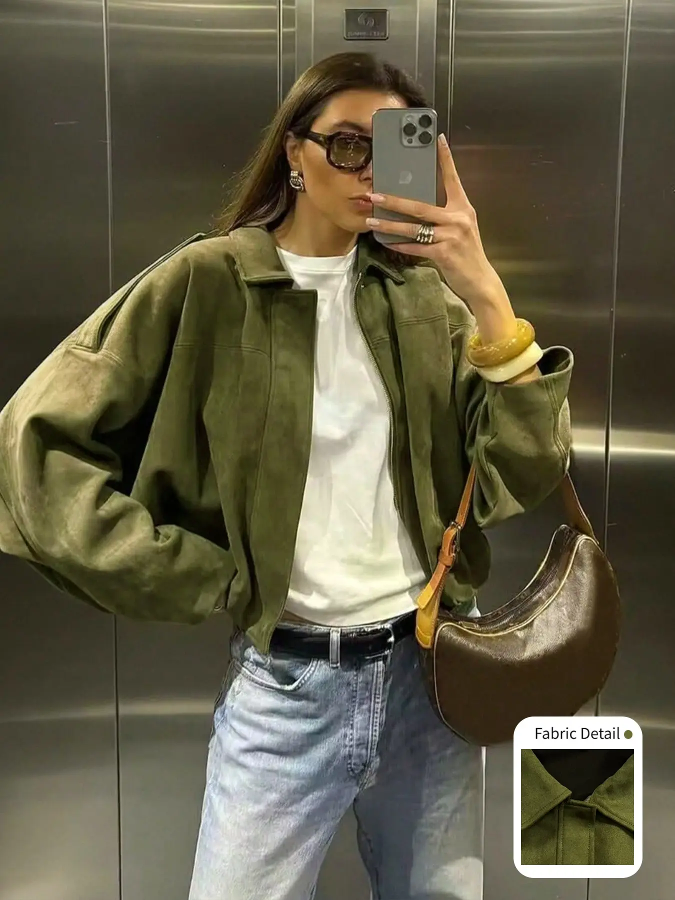 Army Green Lapel Zip Up Oversized Cropped Jacket Women Batwing Drop Shoulder Long Sleeve Short Coat Vintage Y2K Casual Daily Street Going Out Relaxed Boxy Retro Outerwear Outfit #springsaledeals2026 #summeroutfits #tiktokshopmademebuyit