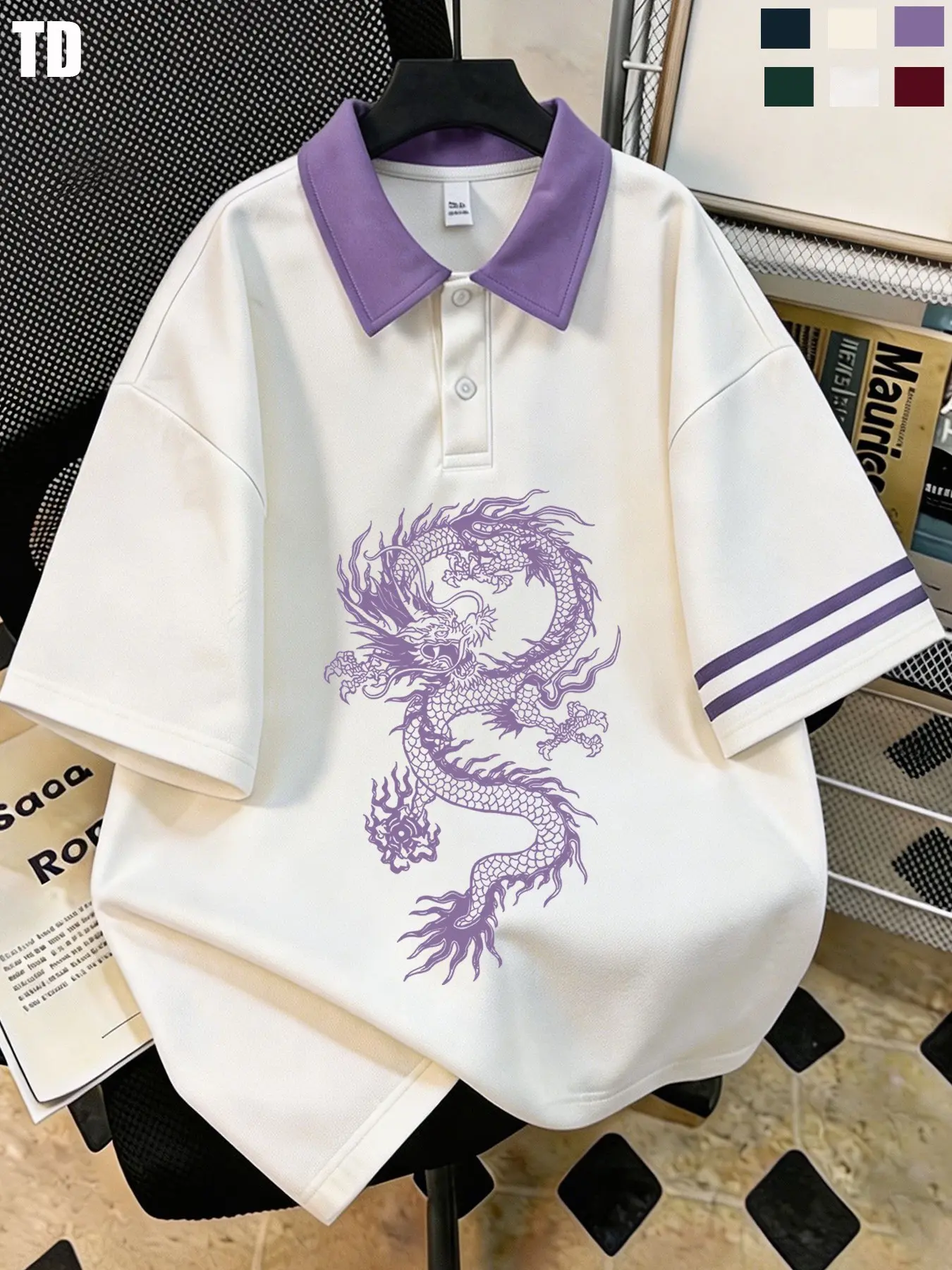 Td Vintage Dragon Graphic Polo Shirt, Unisex Oversized Contrast Collar, Striped Sleeve, Casual Streetwear, 6 Colors, Daily Wear