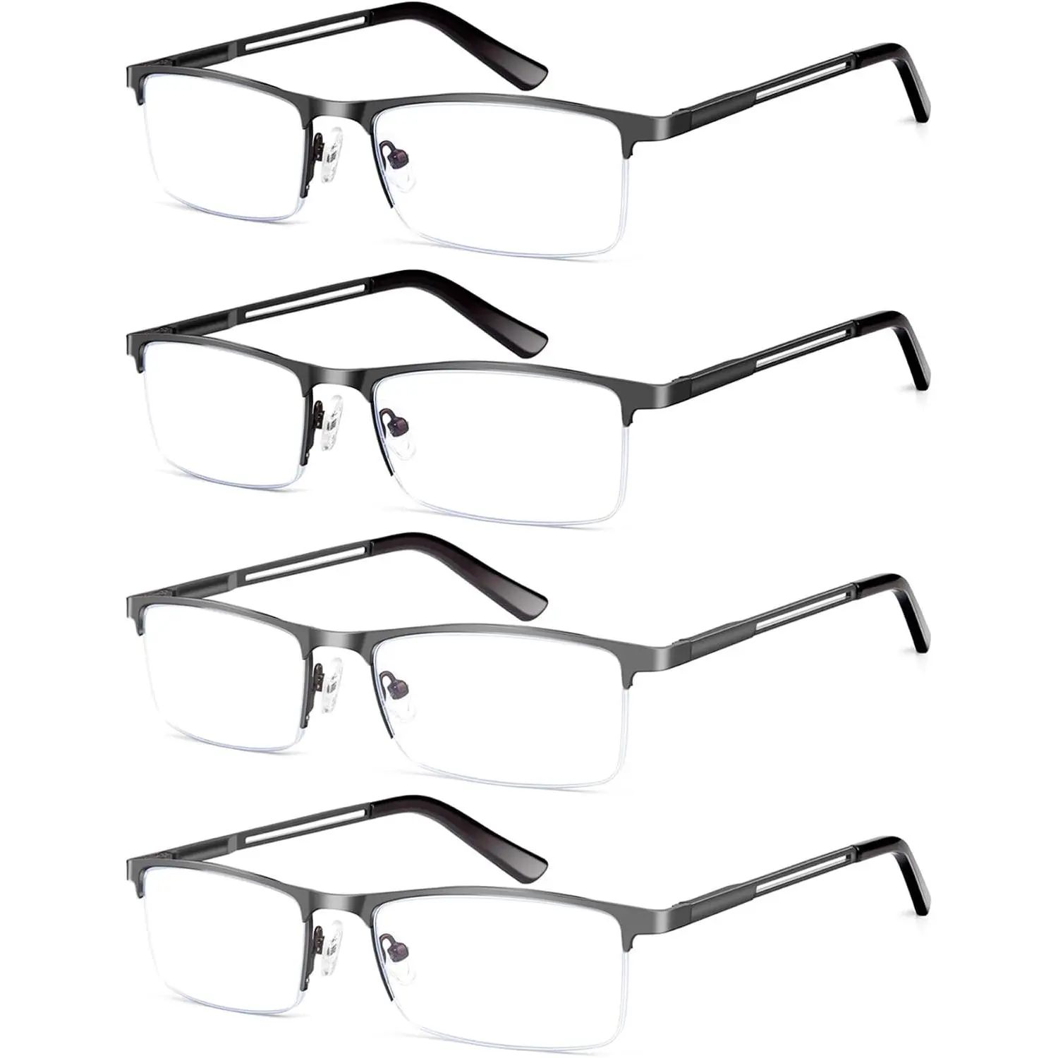 Blue Light Reading Glasses for Men, Metal Half Frame Readers Spring Hinge Clear Lens Eyeglasses with Pouches
