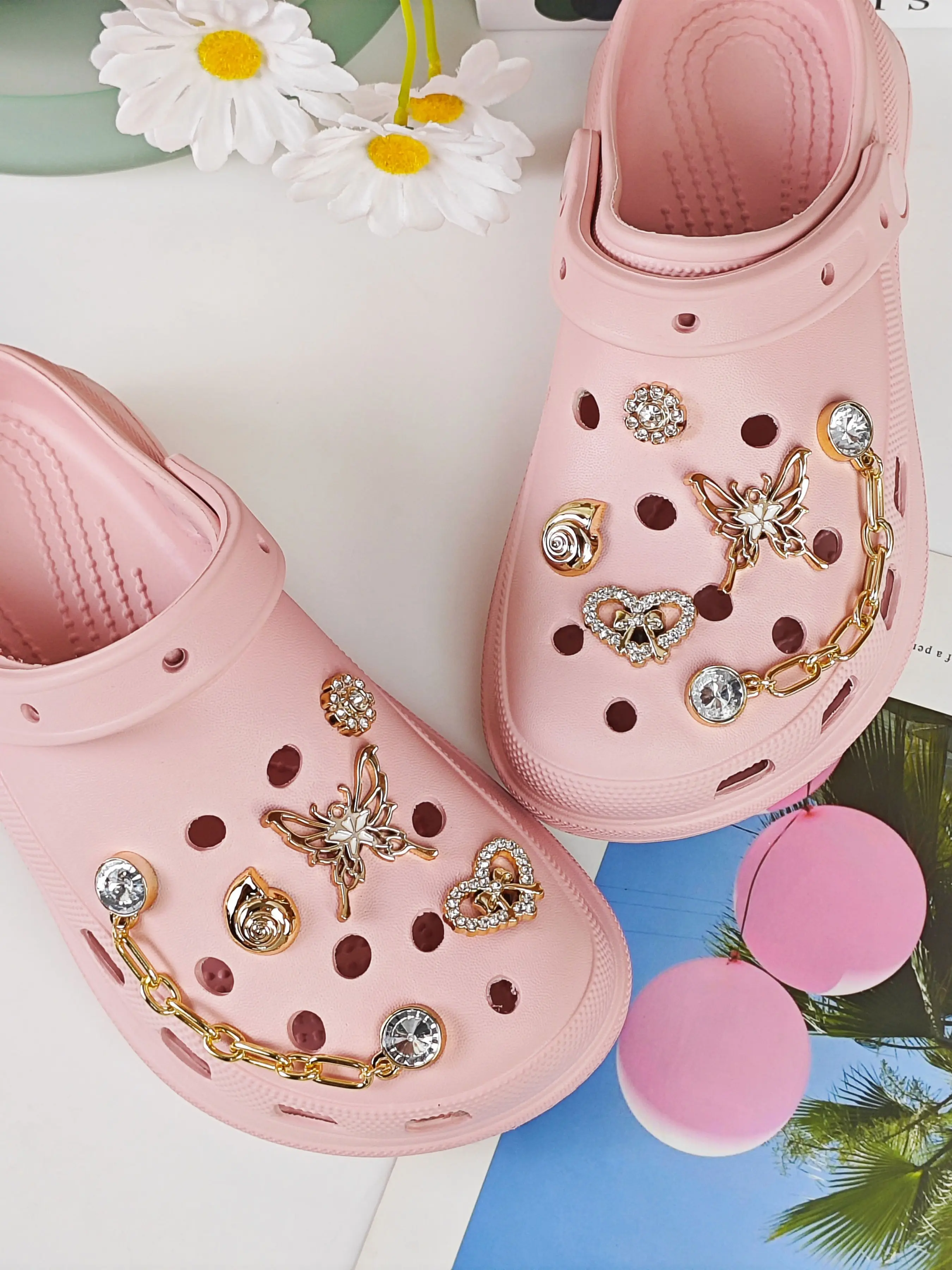 10pcs DIY Shoe Charms, Butterfly, Conch, Heart, Flower, Rhinestone Chain, Lightweight, Y2K Fashion, Eva Sandals, Detachable, Gift, Shoe Decoration Charms