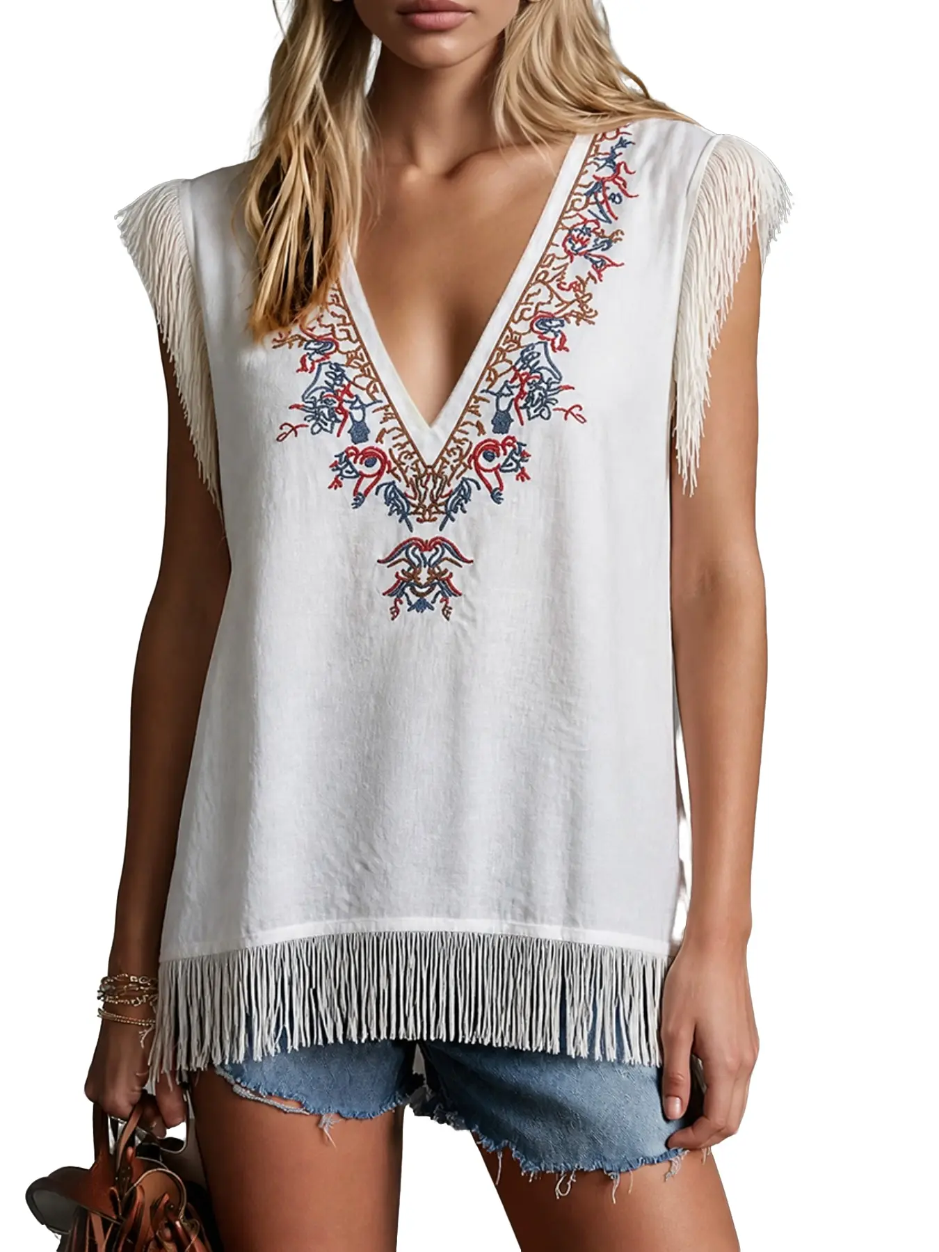 Women's Fringe Embroidered Vintage Top, Boho Style Sleeveless V-Neck Shirt, Casual Fitted Clothing, Perfect for Everyday Wear