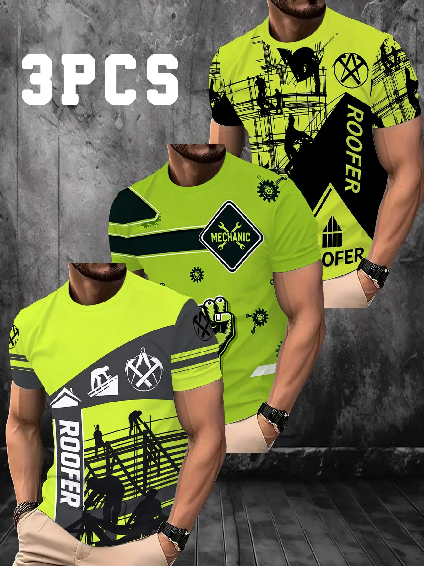 3-Pack Men's Round Neck T-Shirts, Fluorescent Roof Worker Theme Digital Print, Short Sleeve Casual Fitted Tee for All Seasons